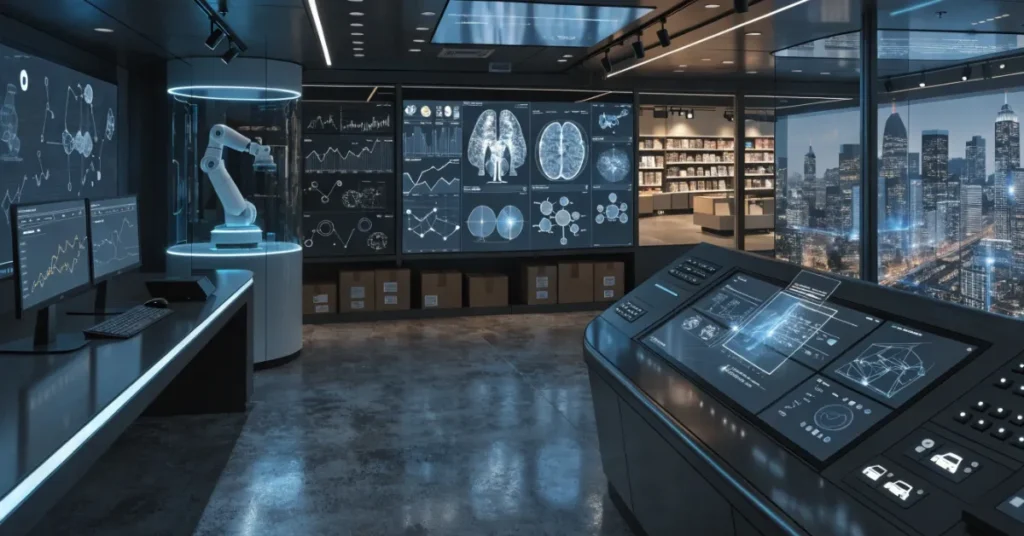 Industry applications of an AI Business in UAE across healthcare, finance, logistics, retail, and digital transformation sectors.