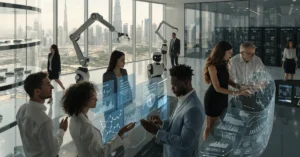 AI Business in UAE startup founders and technology professionals collaborating in a futuristic artificial intelligence innovation hub in Dubai.