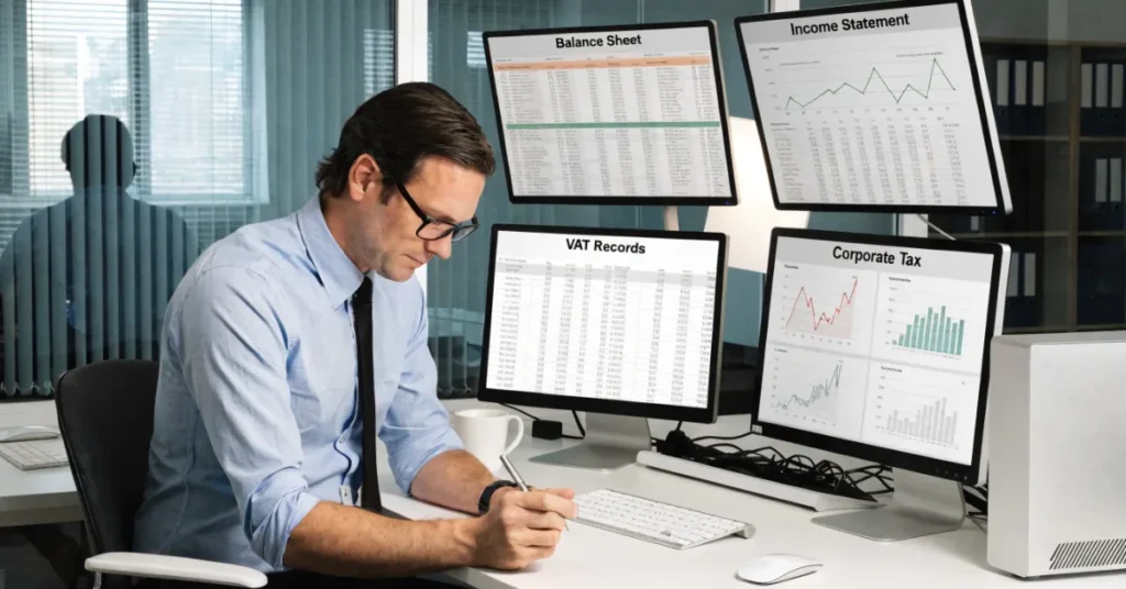 Accounting Requirements for UAE businesses including financial statements, bookkeeping records, VAT compliance, and corporate tax reporting