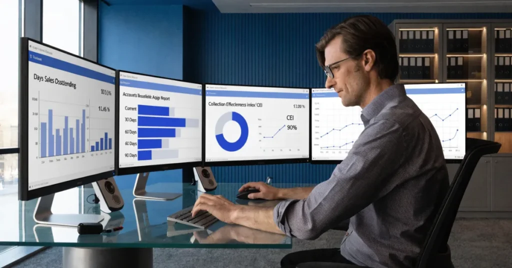Accounts Receivable performance metrics dashboard tracking DSO, aging reports, and cash flow analysis for businesses.