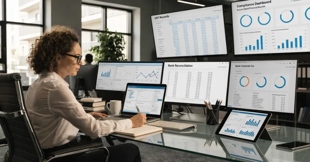 Bookkeeping Legal Requirement supported through cloud accounting systems for VAT compliance, Corporate Tax reporting, and secure financial record management.