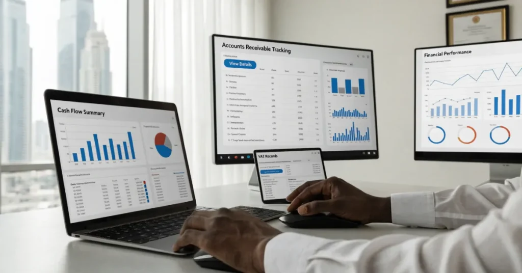 Bookkeeping Services in Dubai featuring cloud financial reporting, bank reconciliation, and real-time accounting insights.