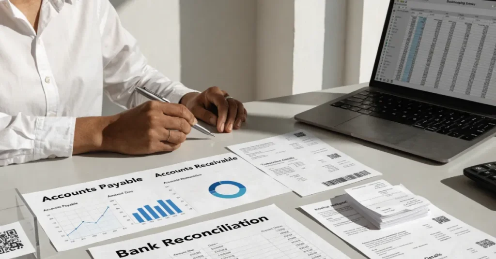 Bookkeeping and Accounting process highlighting transaction recording, bank reconciliation, and organized financial record management.