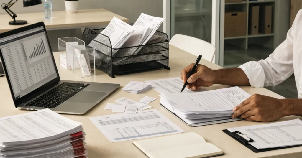Startup owner performing Bookkeeping for Start-ups by tracking expenses, invoices, receipts, and financial transactions using digital accounting tools.