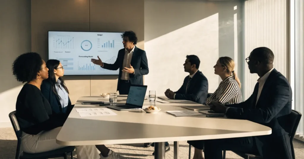 CFO Services explained through financial strategy meeting showing budgeting, forecasting, and advisory in corporate boardroom