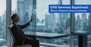 CFO Services concept showing financial leadership dashboard with KPI analytics and corporate strategy in modern executive office