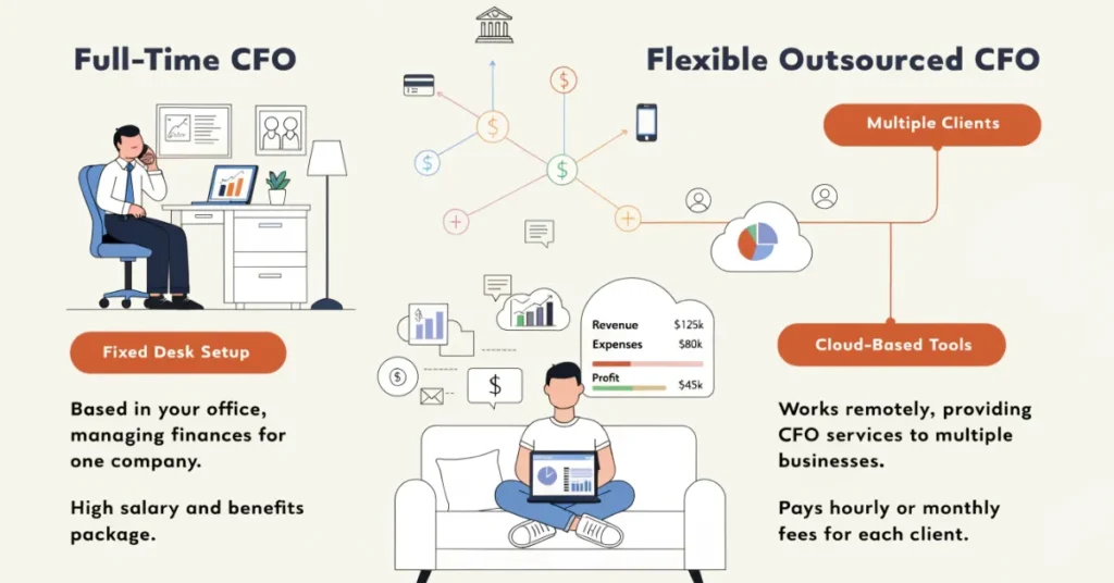 CFO Services comparison showing outsourced CFO vs in-house CFO financial leadership models for modern businesses