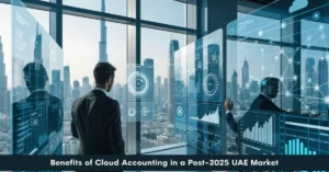 Cloud Accounting dashboard displaying real-time financial reporting, tax compliance data, and business performance insights in a modern UAE corporate office.