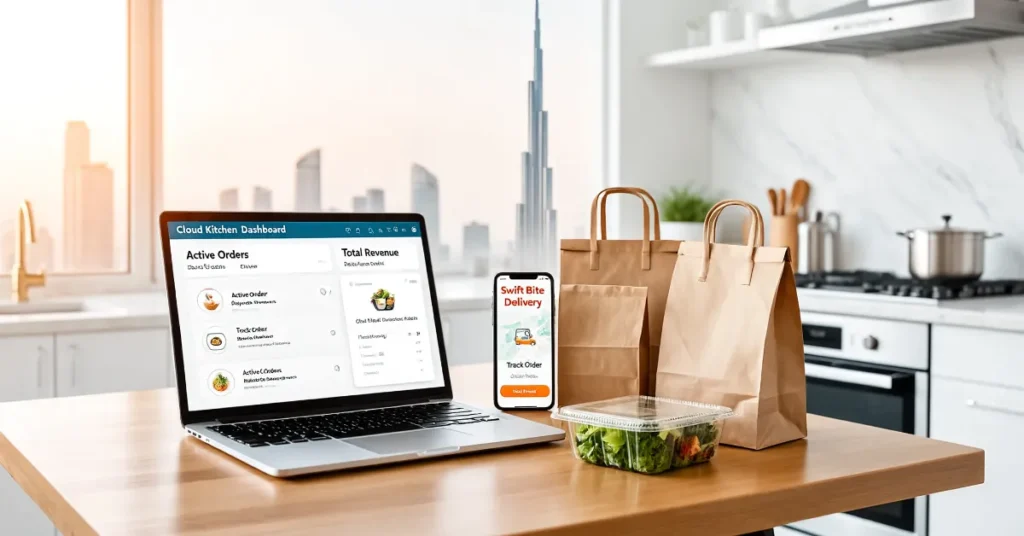Cloud Kitchen License UAE – digital cloud kitchen concept showing online food ordering system and delivery-only restaurant business model in UAE.