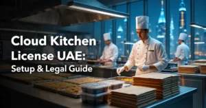 Cloud Kitchen License UAE – modern delivery-only commercial kitchen in UAE showing professional food preparation and cloud kitchen business model for legal licensing.