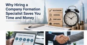 Company Formation specialist helping entrepreneur complete business registration and company setup process in the UAE office environment.