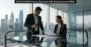 Corporate Bank Account opening process in UAE corporate banking environment with business owner and banking advisor discussing compliance requirements.