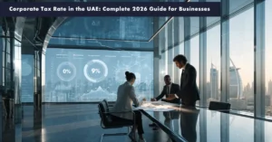 Corporate Tax Rate in the UAE explained through business professionals reviewing tax reports and financial compliance strategies in a modern Dubai office.