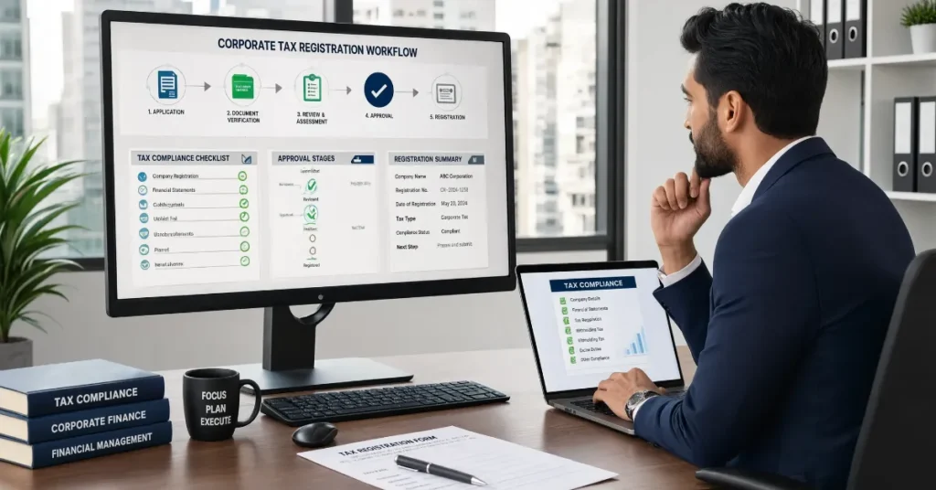 Corporate Tax Registration workflow showing business registration steps, document submission, and tax compliance procedures.