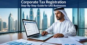 Corporate Tax Registration process for UAE businesses using digital tax compliance systems and financial documentation.