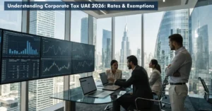 Corporate Tax UAE professionals reviewing tax compliance, financial reporting, and business tax planning in a modern UAE office.
