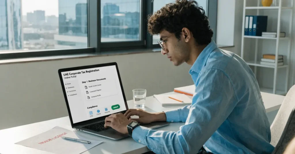 Startup founder completing Corporate Tax in UAE registration and compliance process through a digital tax portal with organized business documentation.