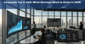 Corporate Tax in UAE guide for startups in 2026 showing founders reviewing tax compliance, financial planning, and business growth strategies in a professional Dubai office.