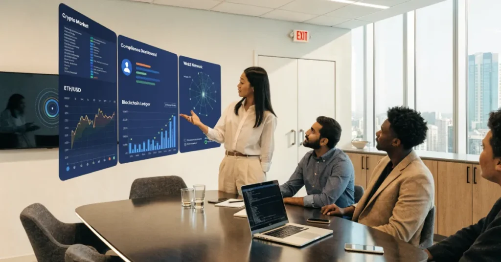 Crypto Consultancy License professional advisory meeting showing blockchain strategy and compliance planning in corporate UAE environment