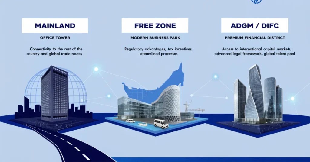 Crypto Consultancy License comparison showing UAE Mainland, Free Zone, and financial center licensing environments