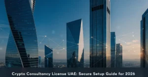 Crypto Consultancy License concept showing Dubai skyline with blockchain network overlay representing regulated crypto advisory business in UAE