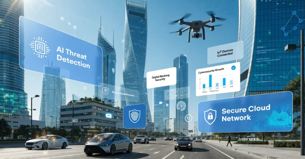 Cybersecurity Business Setup supporting smart city security, cloud protection, AI threat detection, and digital transformation initiatives in Dubai UAE