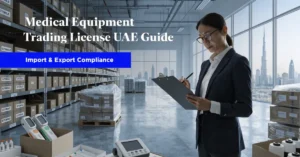 "Equipment Trading License UAE concept showing medical equipment logistics, trade documentation, and healthcare import export business operations"