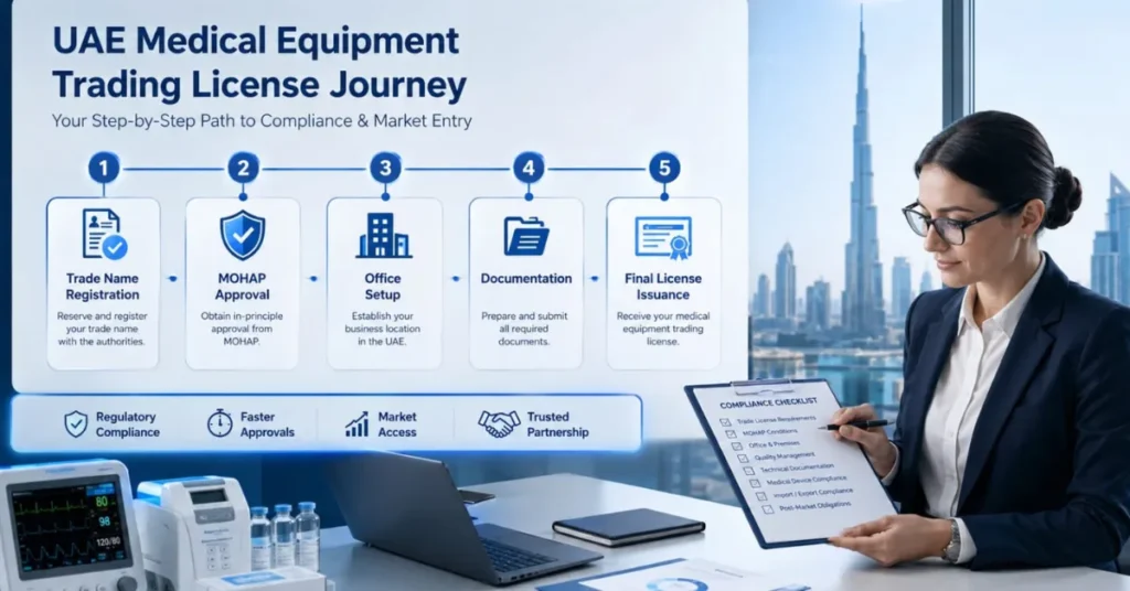 "Equipment Trading License UAE step-by-step process showing business registration, MOHAP approval, and licensing workflow for medical trade"