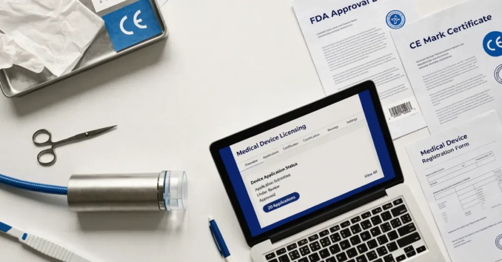 "Equipment Trading License UAE overview showing medical devices, regulatory documents, and digital licensing approval system in healthcare trade"