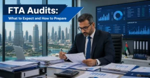 FTA Audits UAE – professional tax auditor reviewing financial records and compliance documents during a business audit