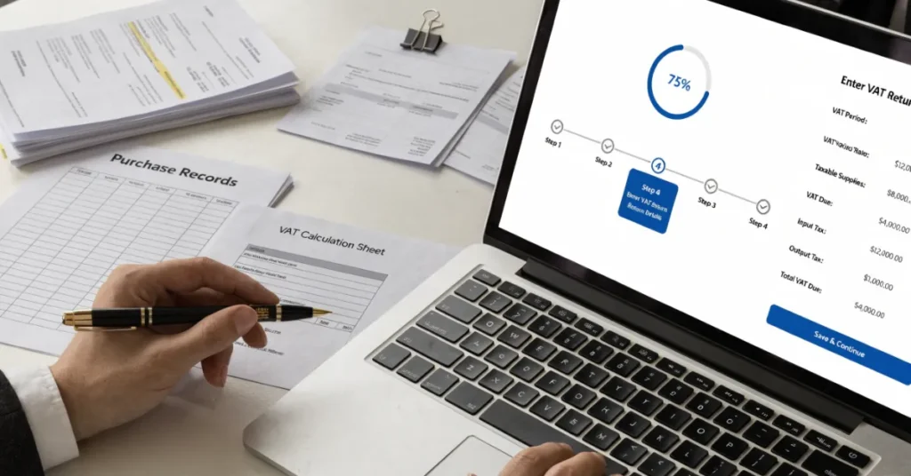 Filing VAT Return process in UAE showing invoice review, VAT calculations, and accurate tax return preparation.