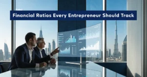 Financial Ratios dashboard helping entrepreneurs measure profitability, cash flow, liquidity, and overall business performance.