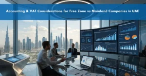 Mainland Vs Freezone accounting and VAT comparison showing financial compliance, tax planning, and business structure decision-making in the UAE