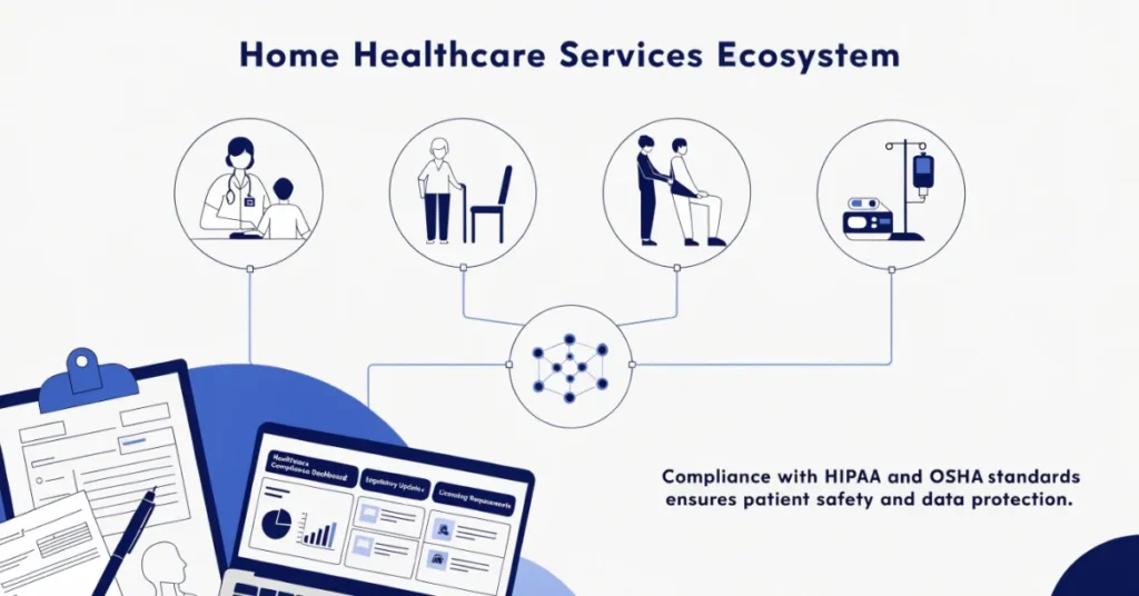 "Home Healthcare License UAE overview showing connected medical home care services and digital healthcare compliance system"