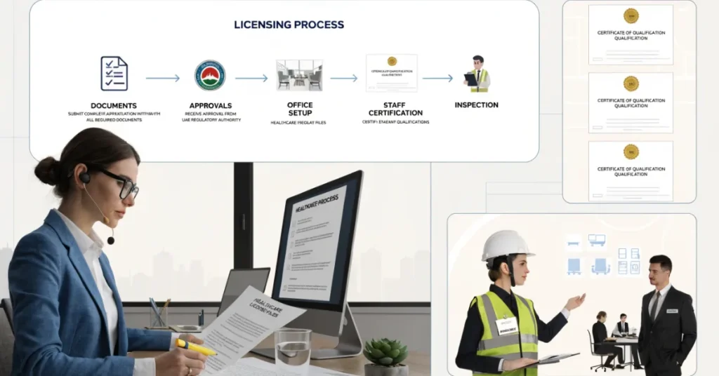 "Home Healthcare License UAE step-by-step approval process showing documentation, licensing workflow, and regulatory compliance stages"