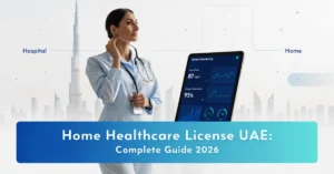 "Home Healthcare License UAE concept showing professional nurse with digital patient monitoring system and modern healthcare services at home"