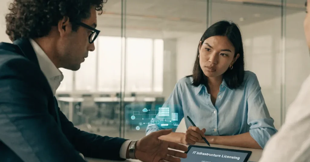 IT Infrastructure License UAE business setup scene showing professionals reviewing licensing documents with digital cloud and network infrastructure visuals.