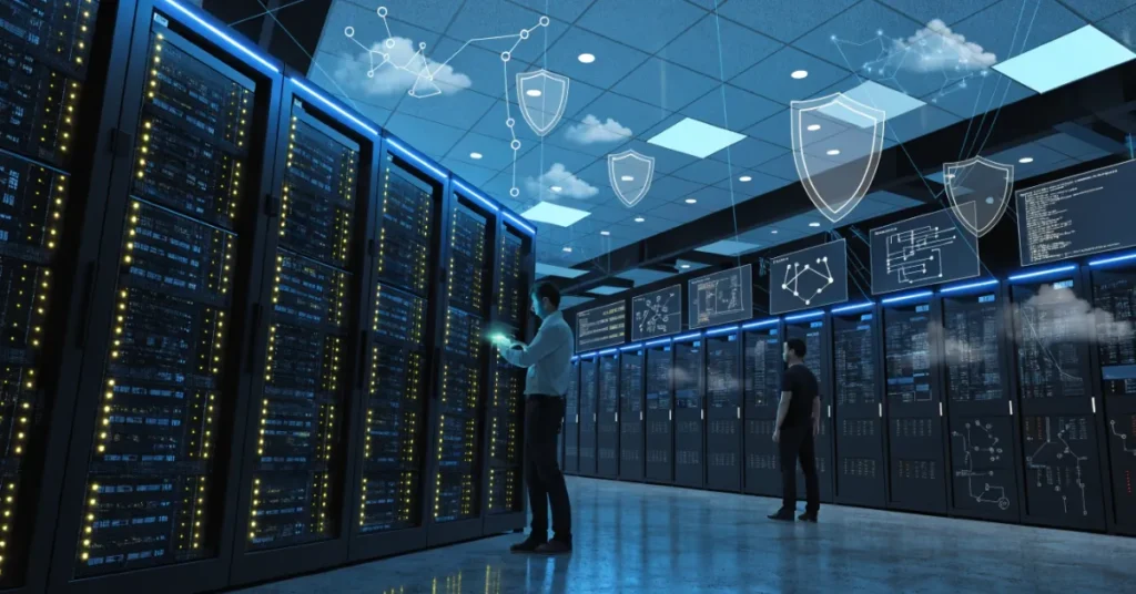 IT Infrastructure License UAE concept showing modern data center with servers, cloud systems, and cybersecurity infrastructure.