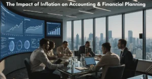 Inflation impact on accounting and financial planning with business leaders analyzing rising costs, profitability, and financial forecasts