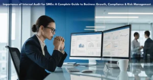 Internal Audit for SMEs reviewing financial records, compliance controls, risk management, and business performance in a professional corporate office.