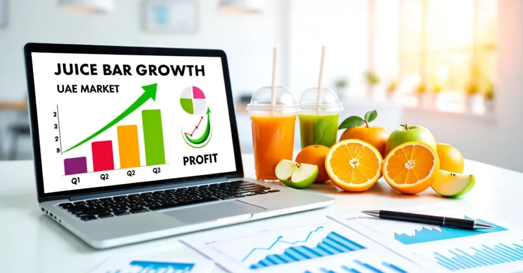 Juice Bar License UAE – business growth concept showing profitability and investment opportunity in juice bar industry with financial charts and healthy beverages.