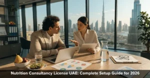 Nutrition Consultancy License UAE guide showing a licensed nutrition professional providing wellness and dietary consultation services in the UAE healthcare sector.