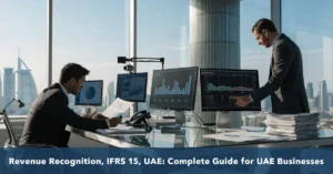 Revenue Recognition under IFRS 15 for UAE businesses with accountants reviewing financial reports and compliance records