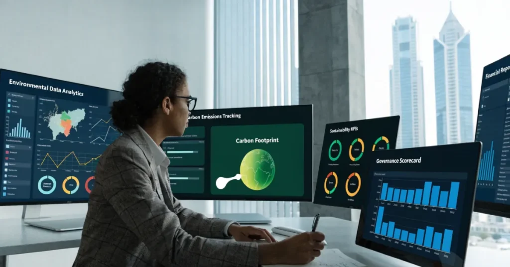 Sustainability ESG accounting analysis showing environmental metrics, governance reporting, and sustainability performance measurement for businesses.