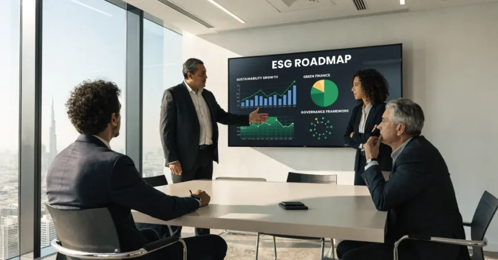 Sustainability strategy planning meeting focused on ESG accounting, sustainability reporting, governance frameworks, and long-term business growth.