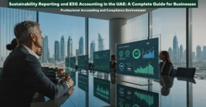 Sustainability reporting and ESG accounting dashboard showing sustainability performance metrics, governance reporting, and environmental compliance for UAE businesses.