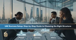 UAE Business Setup strategy showing entrepreneurs choosing the right company structure in Dubai business environment