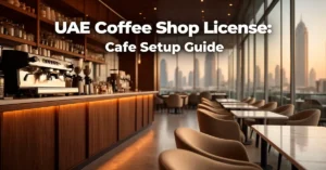 UAE Coffee Shop – modern café interior in UAE with professional barista setup and Dubai skyline representing coffee shop licensing and business opportunity.