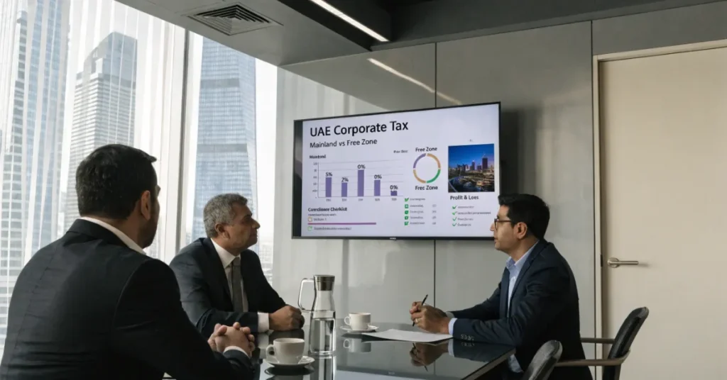 UAE Corporate Tax compliance comparison between Mainland and Free Zone companies, showing tax obligations and reporting requirements.
