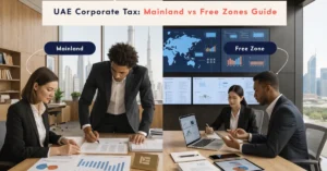 UAE Corporate Tax guide comparing Mainland and Free Zone businesses, highlighting tax compliance and corporate structures in the UAE.